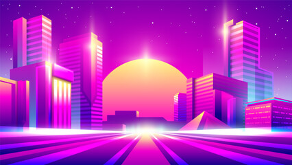 Vector neon colorful gradient illustration of night city with moon on background. Empty city place with no people or cars.