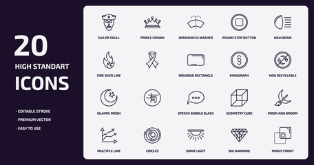 shapes outline icons set. shapes thin line icons pack such as sailor skull, round stop button, , islamic moon, circles, dome light, big diamond, minus front vector.