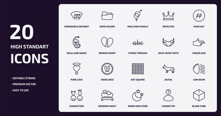 shapes outline icons set. shapes thin line icons pack such as windshield defrost, royalties, broken heart, pure love, wedding night, moon and stars, character, blank cube vector.