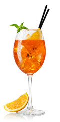cold aperol spritz cocktail in glass with straw and slice of orange