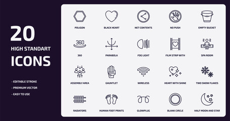shapes outline icons set. shapes thin line icons pack such as poligon, no push, parabola, assembly area, human foot prints, glowplug, blank circle, half moon and star vector. - obrazy, fototapety, plakaty