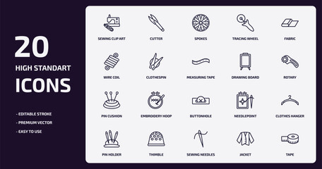 sew outline icons set. sew thin line icons pack such as sewing clip art, tracing wheel, clothespin, pin cushion, thimble, sewing needles, jacket, tape vector.