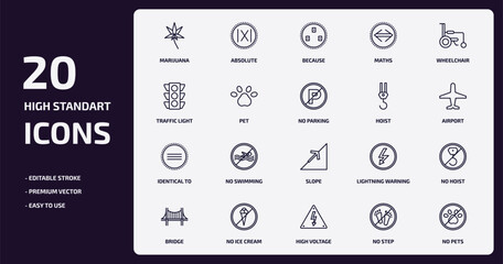 signs collection. thin outline icons set. signs collection. thin thin line icons pack such as marijuana, maths, pet, identical to, no ice cream, high voltage, no step, no pets vector.