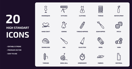 sew outline icons set. sew thin line icons pack such as mannequin, thread, sewing, sewing box, wool ball, embroidery, fabrics, material vector.