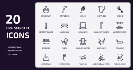 sauna outline icons set. sauna thin line icons pack such as smoke sauna, kneipp hose, air cooling, brine cabin, hyperthermia, private spa, cardiovascular system, fresh air supply vector.