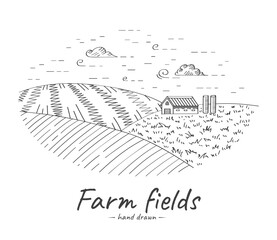 Vector hand drawn sketch illustration of fields, view of the farm.