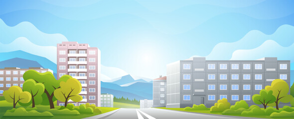 Vector gradient colorful illustration of daytime street. Low simple residential buildings in the mountains background.