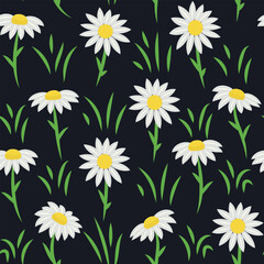 Vector seamless daisy pattern on black background.