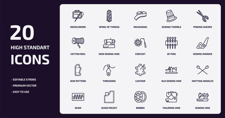 sew outline icons set. sew thin line icons pack such as needlework, sewing thimble, new sewing hine, sew pattern, jeans pocket, bobbin, tailoring hine, sewing hine vector.