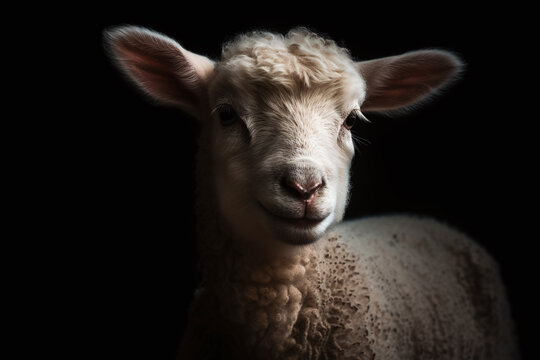 Portrait of a lamb face shot, close-up, isolated on black background. generative AI