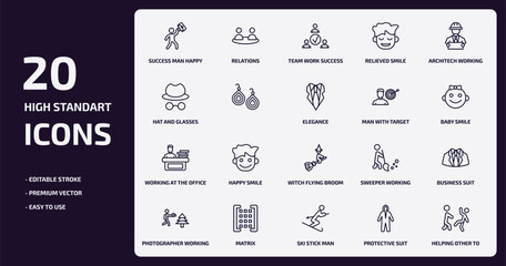 people outline icons set. people thin line icons pack such as success man happy, relieved smile, , working at the office, matrix, ski stick man, protective suit, helping other to jump vector.