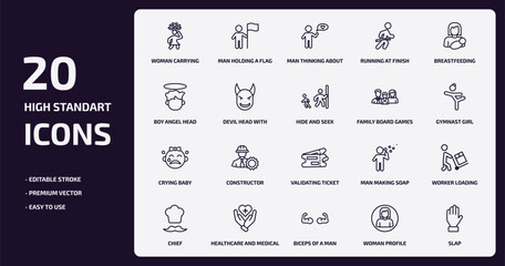 people outline icons set. people thin line icons pack such as woman carrying, running at finish line, devil head with horns, crying baby, healthcare and medical, biceps of a man, woman profile, slap