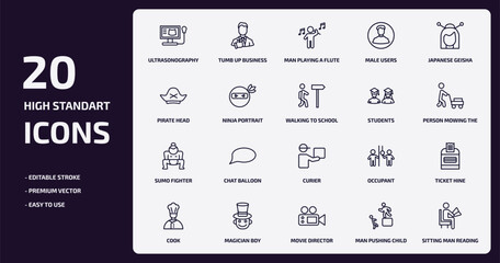 people outline icons set. people thin line icons pack such as ultrasonography, male users, ninja portrait, sumo fighter, magician boy, movie director, man pushing child, sitting man reading vector.