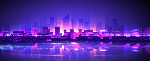 Purple shining cyberpunk metropolis in retro style on dark background. Widescreen futuristic night city.