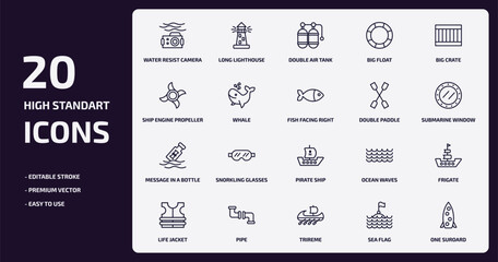 nautical outline icons set. nautical thin line icons pack such as water resist camera, big float, whale, message in a bottle, pipe, trireme, sea flag, one suroard vector.