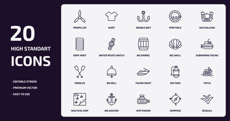 Fototapeta na wymiar nautical outline icons set. nautical thin line icons pack such as propeller, porthole, water resist watch, paddles, big anchor, ship engine, compass, seagull vector.