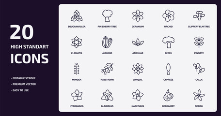 nature outline icons set. nature thin line icons pack such as bougainvillea, orchid, almond, mimosa, gladiolus, narcissus, bergamot, neroli vector.