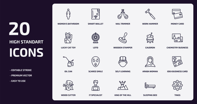 other outline icons set. other thin line icons pack such as women's bathroom, work hammer, loto, oil can, it specialist, king of the hill, sleeping bed, tings vector.