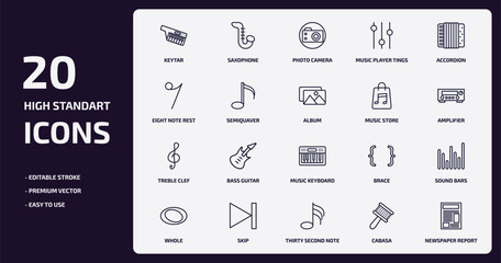 music and media outline icons set. music and media thin line icons pack such as keytar, music player tings, semiquaver, treble clef, skip, thirty second note, cabasa, newspaper report vector.