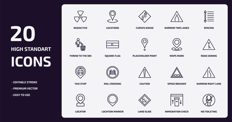maps and flags outline icons set. maps and flags thin line icons pack such as radiactive, narrow two lanes, square flag, taxi stop, location marker, land slide, inmigration check point, no toileting