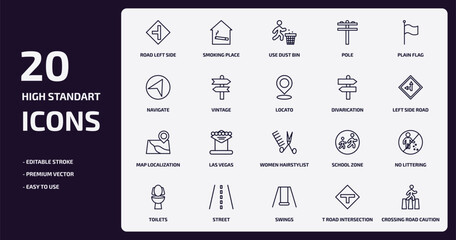 maps and flags outline icons set. maps and flags thin line icons pack such as road left side, pole, vintage, map localization, street, swings, t road intersection, crossing road caution vector.