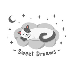 Cute black and white spotted cat sleeps on cloud.