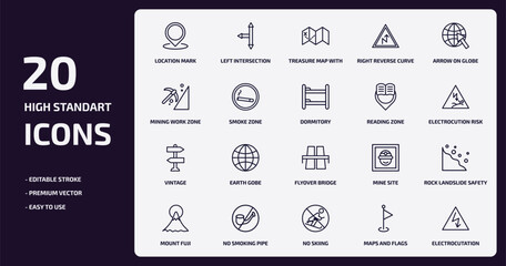 maps and flags outline icons set. maps and flags thin line icons pack such as location mark, right reverse curve, smoke zone, vintage, no smoking pipe, no skiing, maps and flags, electrocutation