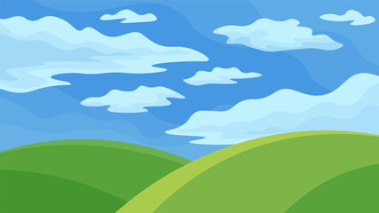 Fototapeta na wymiar Bright green hills on a blue sky with clouds background. Horizontal rural landscape illustration.