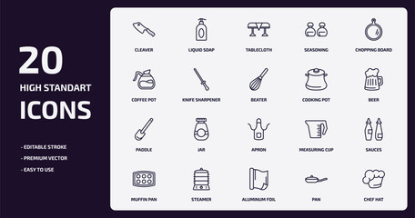 kitchen outline icons set. kitchen thin line icons pack such as cleaver, seasoning, knife sharpener, paddle, steamer, aluminum foil, pan, chef hat vector.