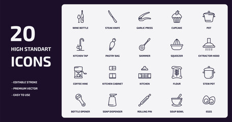 kitchen outline icons set. kitchen thin line icons pack such as wine bottle, cupcake, pastry bag, coffee hine, soap dispenser, rolling pin, soup bowl, eggs vector.