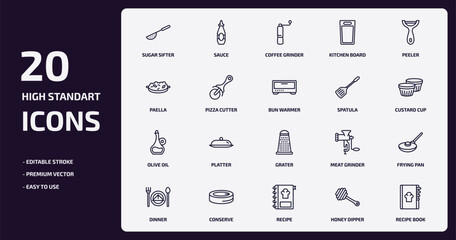 kitchen outline icons set. kitchen thin line icons pack such as sugar sifter, kitchen board, pizza cutter, olive oil, conserve, recipe, honey dipper, recipe book vector.