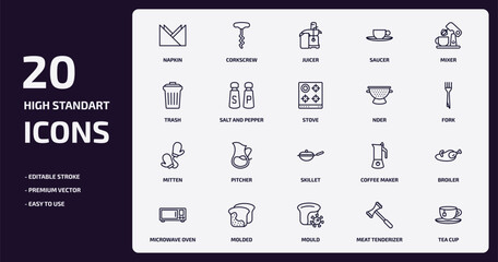 kitchen outline icons set. kitchen thin line icons pack such as napkin, saucer, salt and pepper, mitten, molded, mould, meat tenderizer, tea cup vector.