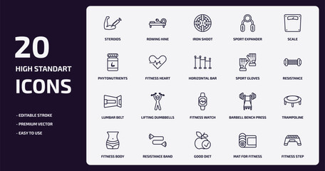 gym and fitness outline icons set. gym and fitness thin line icons pack such as steroids, sport expander, fitness heart, lumbar belt, resistance band, good diet, mat for step vector.