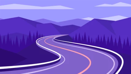 Zelfklevend Fotobehang Long winding road leading off into the mountains. Horizontal purple illustration of asphalt roadway in the evening mountain background. © Dmytro