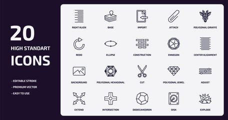 geometry outline icons set. geometry thin line icons pack such as right align, attach, ellipse, background, intersection, dodecahedron, disk, explode vector.