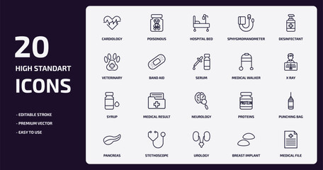 health and medical outline icons set. health and medical thin line icons pack such as cardiology, sphygmomanometer, band aid, syrup, stethoscope, urology, breast implant, medical file vector.