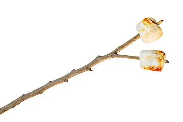 two toasted marshmallows on wooden stick isolated on white