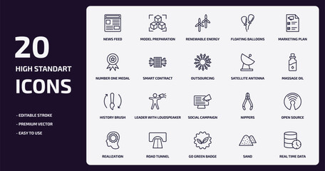 general outline icons set. general thin line icons pack such as news feed, floating balloons, smart contract, history brush, road tunnel, go green badge, sand, real time data vector.