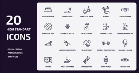 gym and fitness outline icons set. gym and fitness thin line icons pack such as fitness shorts, gymnastic roller, , press simulator, energy snack, sport watch, belt vector.