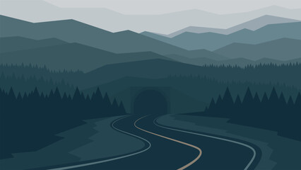 The mystical scene of the road entering a tunnel inside the mountains. Dark horizontal illustration.