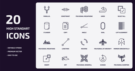 geometry outline icons set. geometry thin line icons pack such as parallel, undo, copy, polygonal mountains, off, polygonal windmill, change, polygonal scorpion vector.