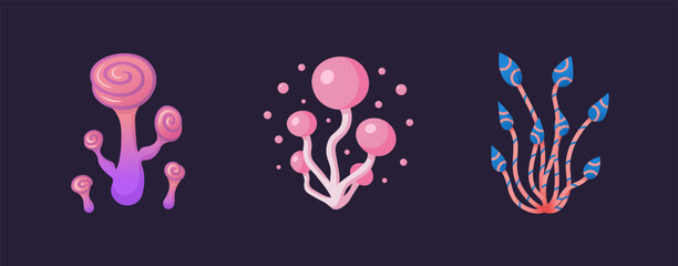 Bright cartoon fantasy mushroom set isolated on a dark background.