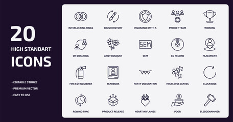 general outline icons set. general thin line icons pack such as interlocking rings, project team, daisy bouquet, fire estinguisher, product release, heart in flames, poor, sledgehammer vector.