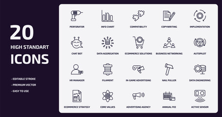 general outline icons set. general thin line icons pack such as perforator, copywriting, data aggregation, hr manager, core values, advertising agency, annual fee, active sensor vector.