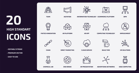 general outline icons set. general thin line icons pack such as team, ecommerce platform, ar platform, chain, disk brake, ar presentation, advertising networks, edge computing vector.