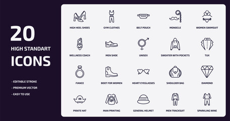 food outline icons set. food thin line icons pack such as high heel shoes, monocle, men shoe, fiance, man printing, general helmet, men tracksuit, sparkling wine vector.