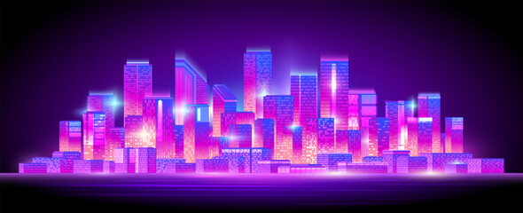 View of modern night city. Bright neon metropolis with skyscrapers.