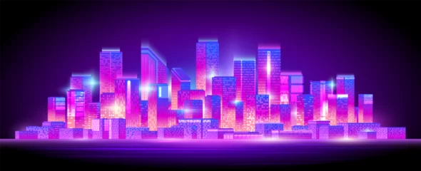 Papier Peint photo Violet View of modern night city. Bright neon metropolis with skyscrapers.