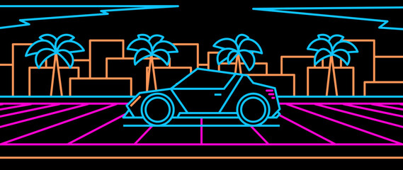 Neon modern car stands on city background. Outline 80s arcade game style.