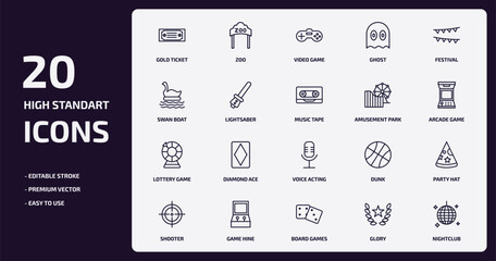 arcade outline icons set. arcade thin line icons pack such as gold ticket, ghost, lightsaber, lottery game, game hine, board games, glory, nightclub vector.